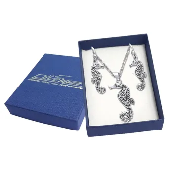Dive Silver Celtic Seahorse Pendant And Earring Box Necklace Argenté