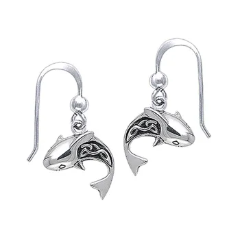 Dive Silver Celtic Shark Tail Long Hook Earring Argenté