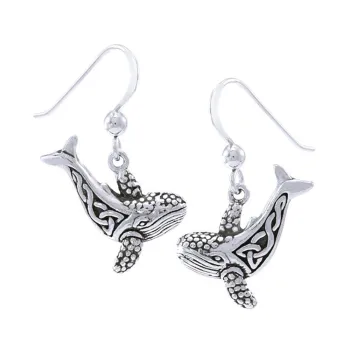 Dive Silver Celtic Humpback Whale Long Hook Earring Argenté